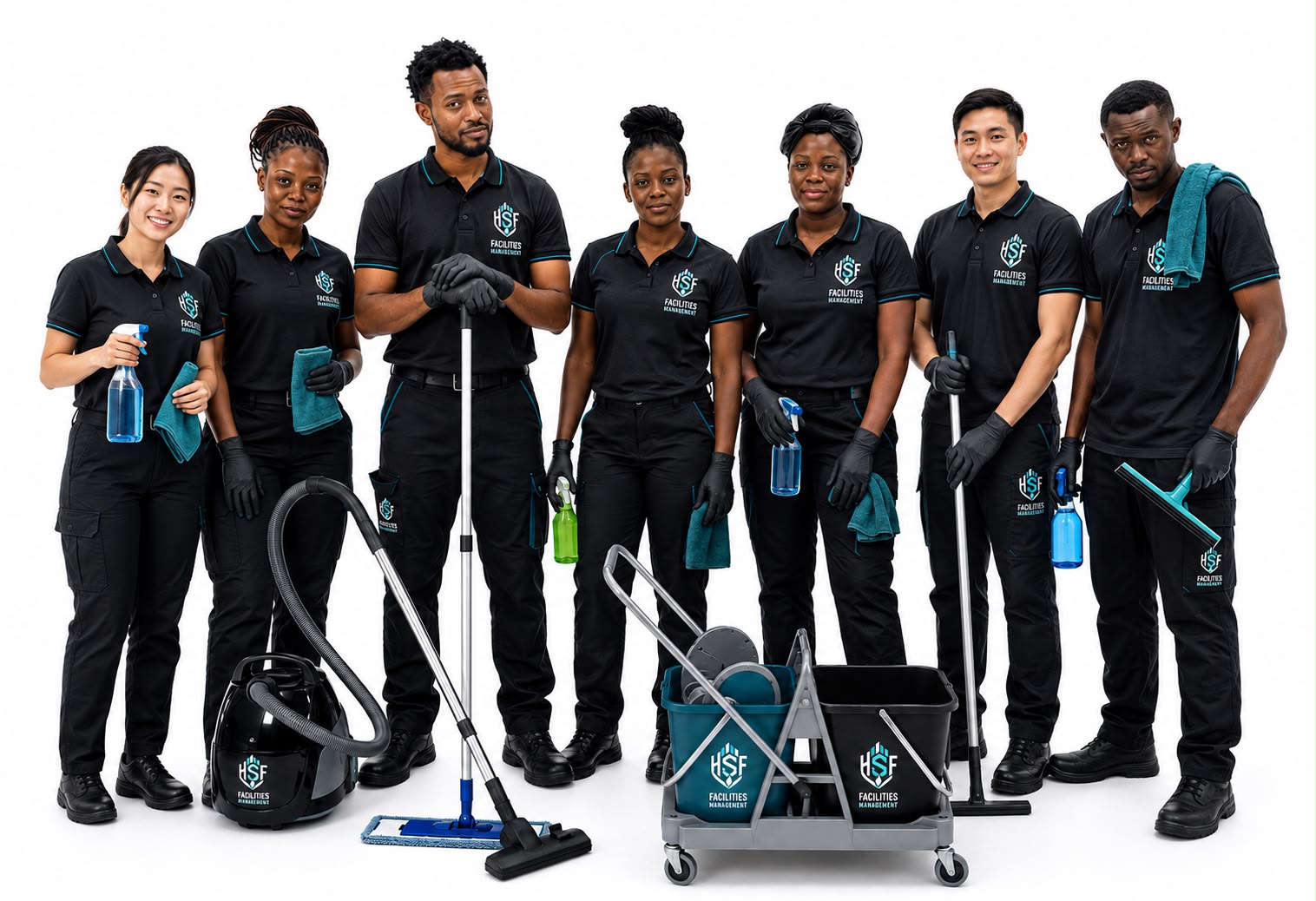 The HSF Facilities Management cleaning team in branded uniform with their equipment